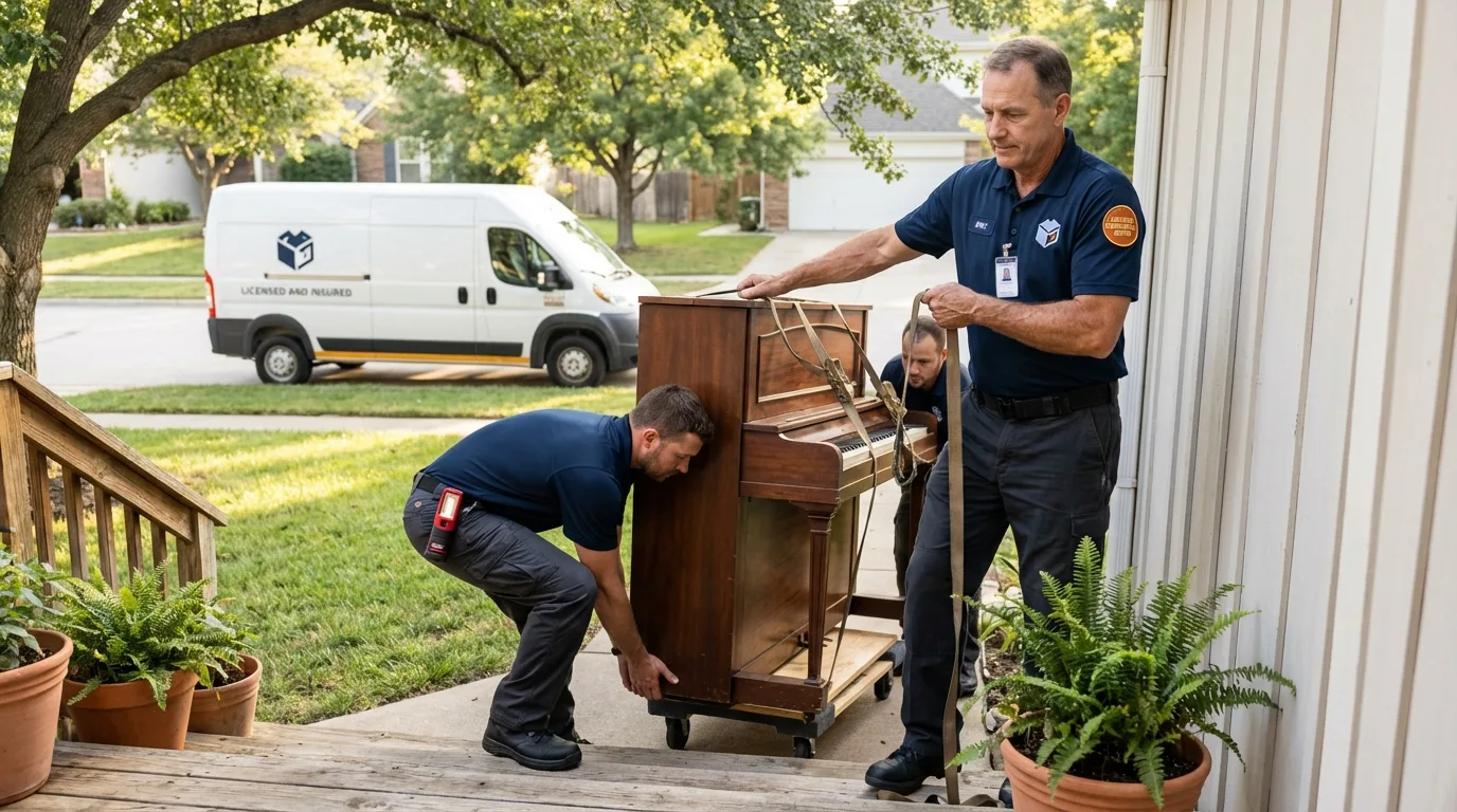 Licensed piano movers securing grand piano in Leola, PA