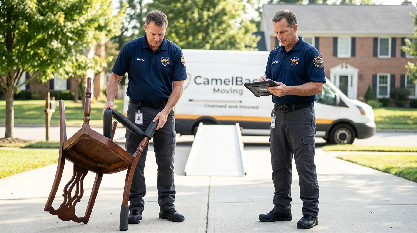 Movers inspecting furniture for damage prevention before loading in Leola, PA